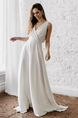 White Casual Wedding Dress With Train Chic V-Neck Sleeveless Sexy Backless Lace A-Line Chiffon Bridal Gowns-Dbrbridal