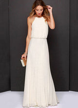 White Chiffon Pleated Halter Women Long Maxi Bridesmaid Dresses-Dbrbridal