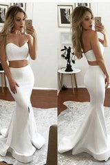 White Designer Two Pieces Formal Evening Dresses Mermaid Sweetheart Sleeveless Front Slit Formal Dresses-Dbrbridal