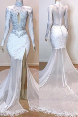 White Glamorous Lace Long Sleeves Prom Dresses Sheer Tulle Slit Mermaid Evening Gowns-Dbrbridal
