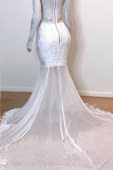 White Glamorous Lace Long Sleeves Prom Dresses Sheer Tulle Slit Mermaid Evening Gowns-Dbrbridal