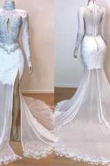 White Glamorous Lace Long Sleeves Prom Dresses Sheer Tulle Slit Mermaid Evening Gowns-Dbrbridal