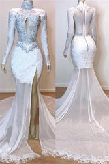 White Glamorous Lace Long Sleeves Prom Dresses Sheer Tulle Slit Mermaid Evening Gowns-Dbrbridal