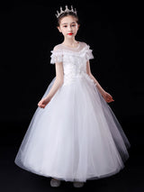 White Illusion Neckline Short Sleeves Ankle-Length Princess Dress Flowers Beaded Embellishment Tulle Kids Party Dresses-Dbrbridal