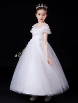 White Illusion Neckline Short Sleeves Ankle-Length Princess Dress Flowers Beaded Embellishment Tulle Kids Party Dresses-Dbrbridal