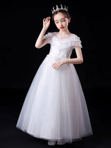 White Illusion Neckline Short Sleeves Ankle-Length Princess Dress Flowers Beaded Embellishment Tulle Kids Party Dresses-Dbrbridal
