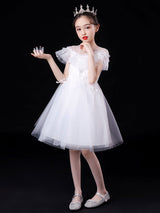 White Illusion Neckline Short Sleeves Tulle Princess Dress Flowers Beaded Embellishment Kids Party Dresses-Dbrbridal