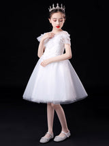 White Illusion Neckline Short Sleeves Tulle Princess Dress Flowers Beaded Embellishment Kids Party Dresses-Dbrbridal
