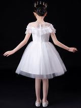 White Illusion Neckline Short Sleeves Tulle Princess Dress Flowers Beaded Embellishment Kids Party Dresses-Dbrbridal