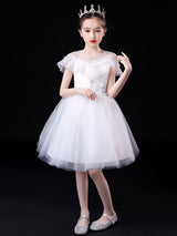 White Illusion Neckline Short Sleeves Tulle Princess Dress Flowers Beaded Embellishment Kids Party Dresses-Dbrbridal