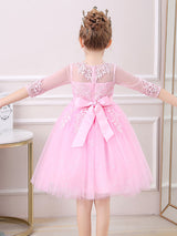 White Jewel Neck 3/4 Length Sleeves Tulle Polyester Cotton Flowers Formal Kids Pageant flower girl dresses-Dbrbridal