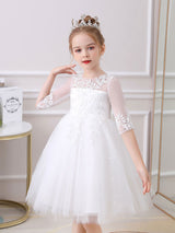 White Jewel Neck 3/4 Length Sleeves Tulle Polyester Cotton Flowers Formal Kids Pageant flower girl dresses-Dbrbridal