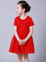 White Jewel Neck Cotton Blend Short Sleeves Tea-Length A-Line Pleated Kids Social Party Dresses-Dbrbridal