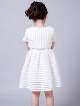 White Jewel Neck Cotton Blend Short Sleeves Tea-Length A-Line Pleated Kids Social Party Dresses-Dbrbridal