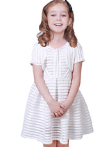 White Jewel Neck Cotton Blend Short Sleeves Tea-Length A-Line Pleated Kids Social Party Dresses-Dbrbridal