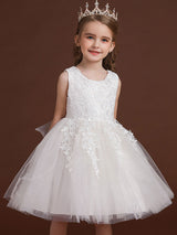 White Jewel Neck Cotton Sleeveless Short A-Line Embroidered flower girl dresses-Dbrbridal
