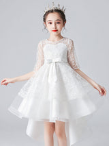 White Jewel Neck Half Sleeves Bows Kids Social Party Dresses-Dbrbridal