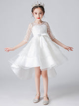 White Jewel Neck Half Sleeves Bows Kids Social Party Dresses-Dbrbridal
