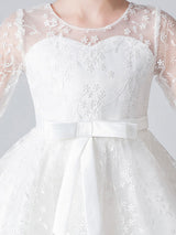 White Jewel Neck Half Sleeves Bows Kids Social Party Dresses-Dbrbridal