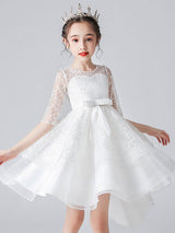 White Jewel Neck Half Sleeves Bows Kids Social Party Dresses-Dbrbridal