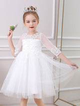 White Jewel Neck Lace Half Sleeves Silhouette Bows Short Princess Dress Kids Social Party Dresses-Dbrbridal