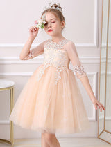 White Jewel Neck Lace Half Sleeves Silhouette Bows Short Princess Dress Kids Social Party Dresses-Dbrbridal