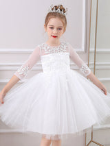 White Jewel Neck Lace Half Sleeves Silhouette Bows Short Princess Dress Kids Social Party Dresses-Dbrbridal