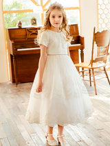 White Jewel Neck Lace Short Sleeves Tea-Length A-Line Lace flower girl dresses-Dbrbridal