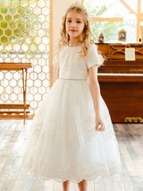 White Jewel Neck Lace Short Sleeves Tea-Length A-Line Lace flower girl dresses-Dbrbridal