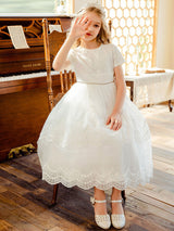 White Jewel Neck Lace Short Sleeves Tea-Length A-Line Lace flower girl dresses-Dbrbridal