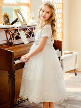 White Jewel Neck Lace Short Sleeves Tea-Length A-Line Lace flower girl dresses-Dbrbridal