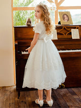 White Jewel Neck Lace Short Sleeves Tea-Length A-Line Lace flower girl dresses-Dbrbridal