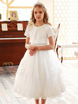 White Jewel Neck Lace Short Sleeves Tea-Length A-Line Lace flower girl dresses-Dbrbridal