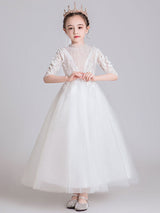 White Jewel Neck Polyester Half Sleeves Ankle-Length Princess Dress Kids Formal Pageant Dresses-Dbrbridal