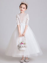 White Jewel Neck Polyester Half Sleeves Ankle-Length Princess Dress Kids Formal Pageant Dresses-Dbrbridal