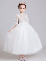 White Jewel Neck Polyester Half Sleeves Ankle-Length Princess Dress Kids Formal Pageant Dresses-Dbrbridal
