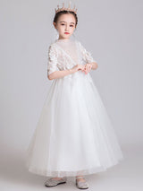 White Jewel Neck Polyester Half Sleeves Ankle-Length Princess Dress Kids Formal Pageant Dresses-Dbrbridal