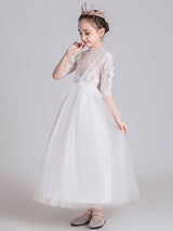 White Jewel Neck Polyester Half Sleeves Ankle-Length Princess Dress Kids Formal Pageant Dresses-Dbrbridal