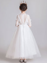 White Jewel Neck Polyester Half Sleeves Ankle-Length Princess Dress Kids Formal Pageant Dresses-Dbrbridal