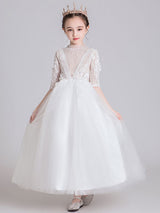 White Jewel Neck Polyester Half Sleeves Ankle-Length Princess Dress Kids Formal Pageant Dresses-Dbrbridal