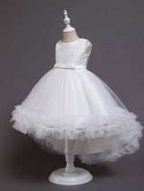 White Jewel Neck Polyester Sleeveless With Train A-Line Embroidered Kids Social Party Dresses-Dbrbridal