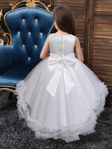 White Jewel Neck Polyester Sleeveless With Train A-Line Embroidered Kids Social Party Dresses-Dbrbridal