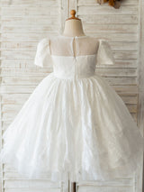 White Jewel Neck Short Sleeves Beaded Formal Kids Pageant flower girl dresses-Dbrbridal