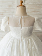 White Jewel Neck Short Sleeves Beaded Formal Kids Pageant flower girl dresses-Dbrbridal