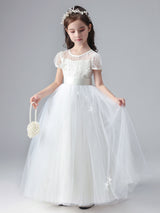 White Jewel Neck Short Sleeves Flowers Embellishment Tulle Lace Kids Social Party Dresses-Dbrbridal