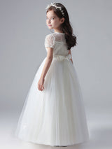 White Jewel Neck Short Sleeves Flowers Embellishment Tulle Lace Kids Social Party Dresses-Dbrbridal