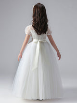 White Jewel Neck Short Sleeves Flowers Embellishment Tulle Lace Kids Social Party Dresses-Dbrbridal