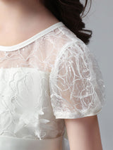 White Jewel Neck Short Sleeves Flowers Embellishment Tulle Lace Kids Social Party Dresses-Dbrbridal