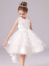 White Jewel Neck Sleeveless Bows Formal Kids Pageant flower girl dresses-Dbrbridal