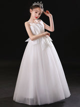 White Jewel Neck Sleeveless Floor-Length Tulle Princess Dress Pleated Kids Party Dresses-Dbrbridal
